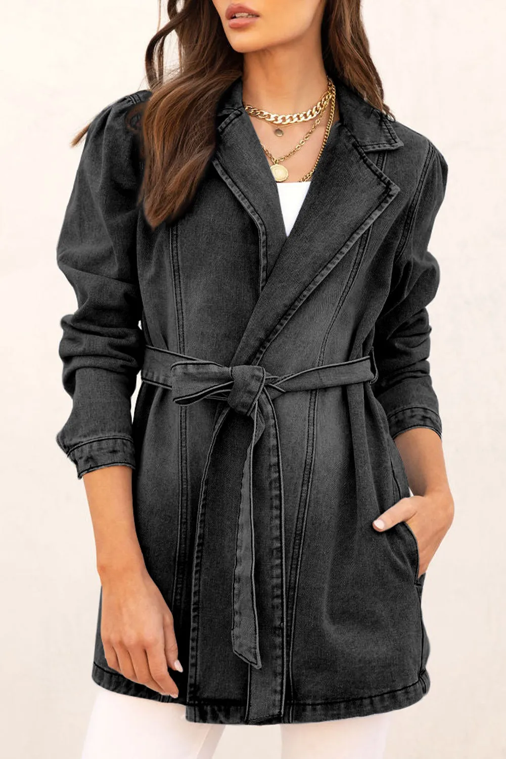 Women's Lapel Collar Pocketed Tie Waist Long Denim Jacket