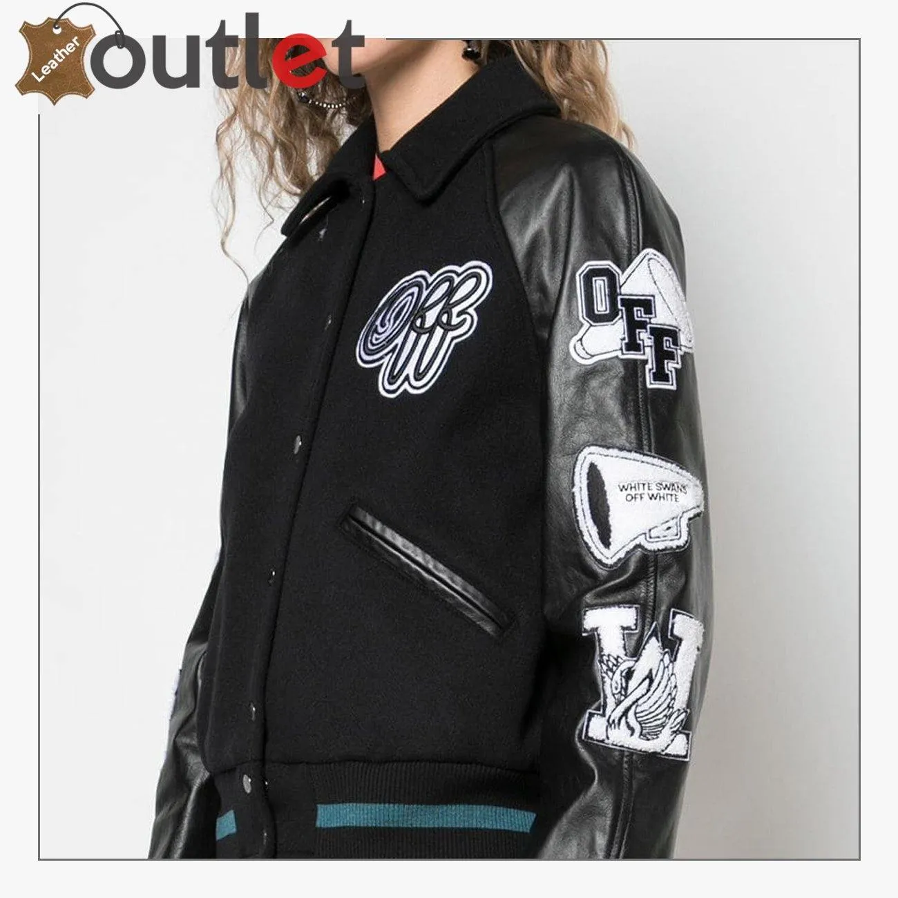 Womens Leather Varsity Inspired Bomber Jacket