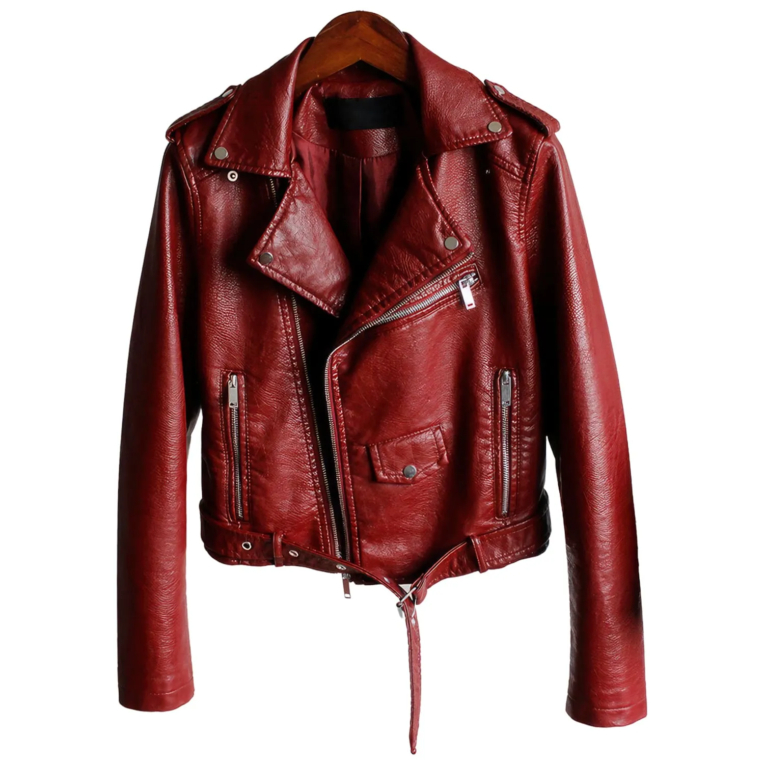 Women's Red Sheepskin Biker Jacket: Café Racer Style, Slim Fit