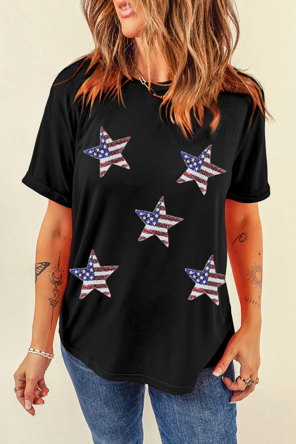 Women's Sequined American Flag Star Casual T Shirt