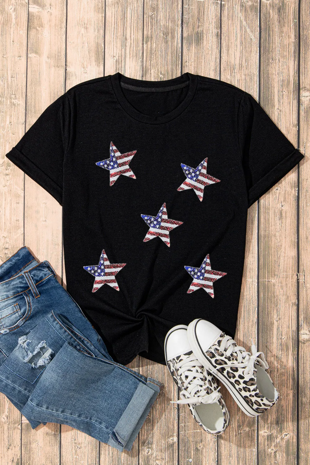 Women's Sequined American Flag Star Casual T Shirt