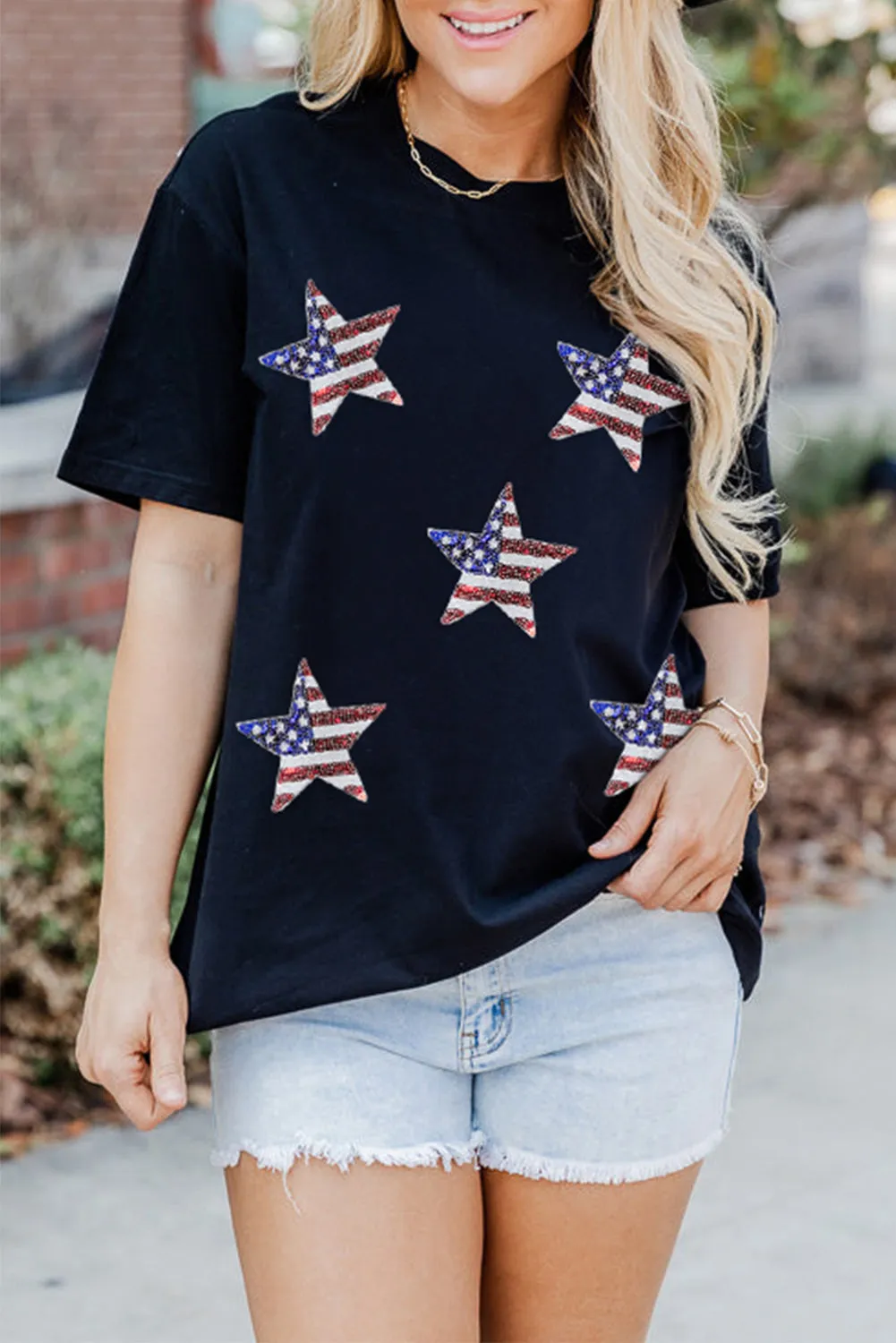 Women's Sequined American Flag Star Casual T Shirt