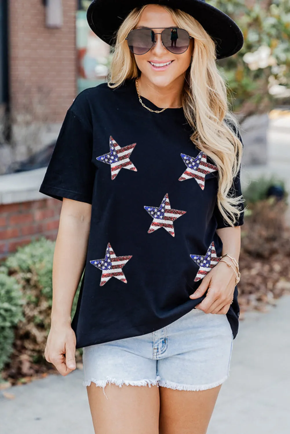 Women's Sequined American Flag Star Casual T Shirt