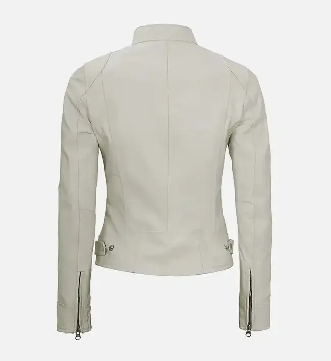 Women's White Leather Cafe Racer Jacket