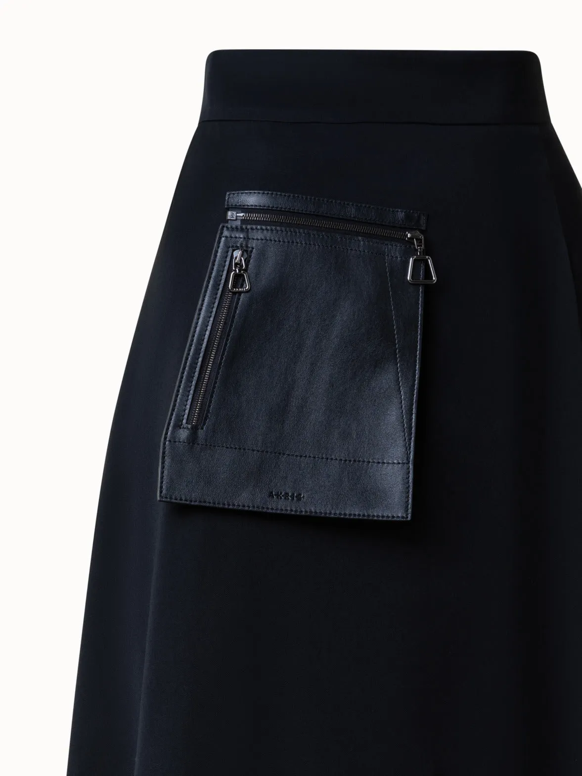 Wool Gabardine Asymmetrical Midi Skirt with Leather Pocket