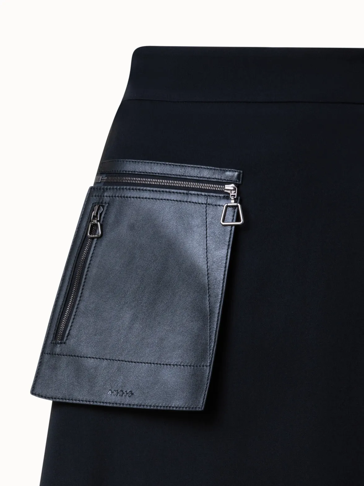 Wool Gabardine Asymmetrical Midi Skirt with Leather Pocket