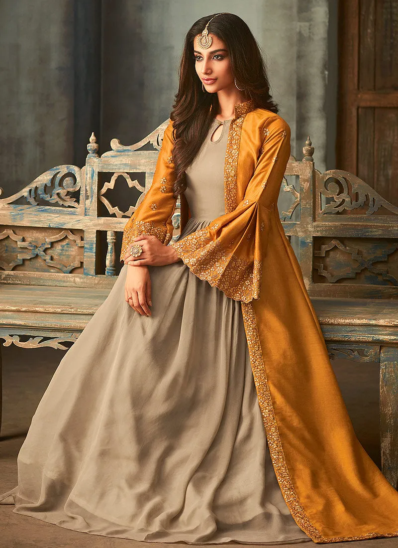 Yellow And Beige Jacket Anarkali Suit