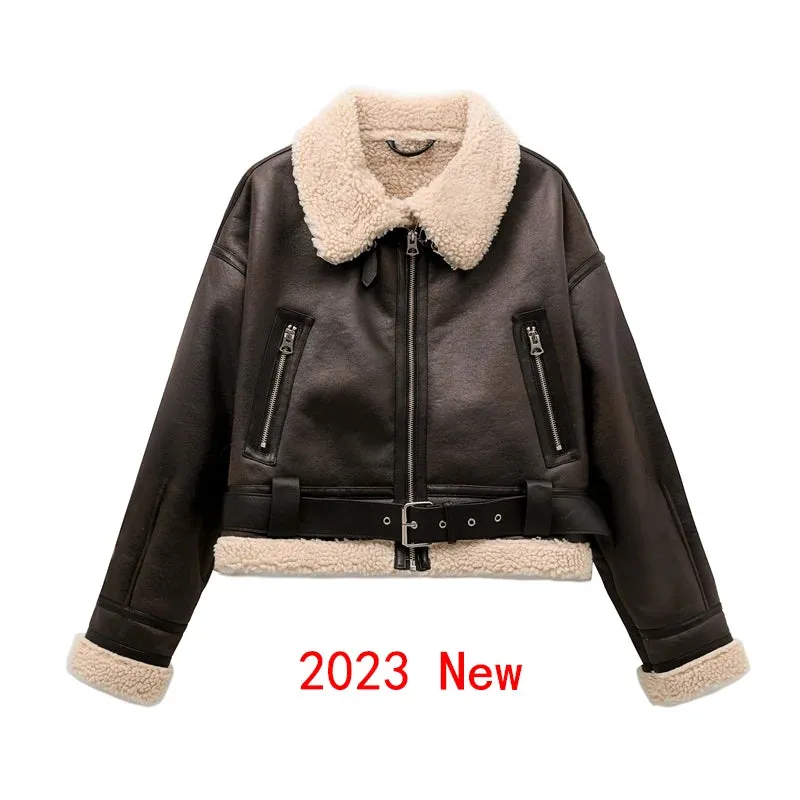 ZVRI 2023 New Woman's Fashion Thick Warm Faux Shearling Jacket Coat Vintage Long Sleeve Belt Hem Female Outerw